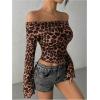 imageMakeMeChic Womens Cheetah Print Top Off The Shoulder Bell Sleeve Tops Mesh Lettuce Trim Y2K Cropped Tee ShirtRust Brown