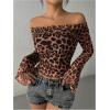 imageMakeMeChic Womens Cheetah Print Top Off The Shoulder Bell Sleeve Tops Mesh Lettuce Trim Y2K Cropped Tee ShirtRust Brown