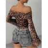 imageMakeMeChic Womens Cheetah Print Top Off The Shoulder Bell Sleeve Tops Mesh Lettuce Trim Y2K Cropped Tee ShirtRust Brown