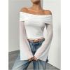 imageMakeMeChic Womens Cheetah Print Top Off The Shoulder Bell Sleeve Tops Mesh Lettuce Trim Y2K Cropped Tee ShirtWhite
