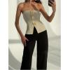 imageMakeMeChic Womens Metallic 3D Flower Strapless Tube Top Sleeveless Split Bandeau TopsApricot