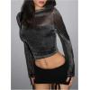 imageMakeMeChic Womens Y2K Crop Tops Metallic Boat Neck Mesh Long Sleeve Tops Club Tee ShirtsBlack
