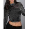 imageMakeMeChic Womens Y2K Crop Tops Metallic Boat Neck Mesh Long Sleeve Tops Club Tee ShirtsBlack