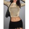 imageMakeMeChic Womens Y2K Crop Tops Metallic Boat Neck Mesh Long Sleeve Tops Club Tee ShirtsGold