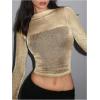 imageMakeMeChic Womens Y2K Crop Tops Metallic Boat Neck Mesh Long Sleeve Tops Club Tee ShirtsGold