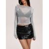 imageMakeMeChic Womens Y2K Crop Tops Metallic Boat Neck Mesh Long Sleeve Tops Club Tee ShirtsSilver