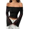 imageMakeMeChic Womens Cheetah Print Top Off The Shoulder Bell Sleeve Tops Mesh Lettuce Trim Y2K Cropped Tee ShirtBlack C