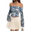 imageMakeMeChic Womens Cheetah Print Top Off The Shoulder Bell Sleeve Tops Mesh Lettuce Trim Y2K Cropped Tee ShirtBlue