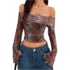 imageMakeMeChic Womens Cheetah Print Top Off The Shoulder Bell Sleeve Tops Mesh Lettuce Trim Y2K Cropped Tee ShirtMocha Brown