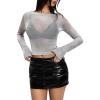 imageMakeMeChic Womens Y2K Crop Tops Metallic Boat Neck Mesh Long Sleeve Tops Club Tee ShirtsSilver