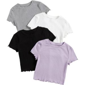 imageMakeMeChic Womens 4 Pack Short Sleeve Lettuce Trim Ribbed Knit Tees Crop TopsMulti B