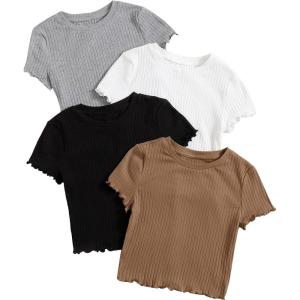 imageMakeMeChic Womens 4 Pack Short Sleeve Lettuce Trim Ribbed Knit Tees Crop TopsMulti C