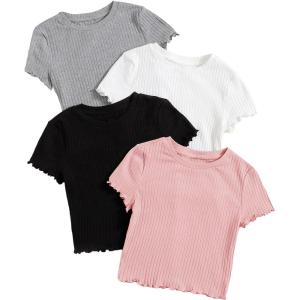 imageMakeMeChic Womens 4 Pack Short Sleeve Lettuce Trim Ribbed Knit Tees Crop TopsMulti D