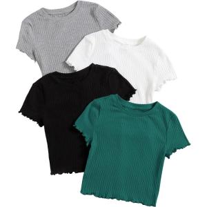 imageMakeMeChic Womens 4 Pack Short Sleeve Lettuce Trim Ribbed Knit Tees Crop TopsMulti E