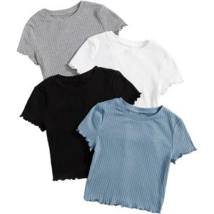 imageMakeMeChic Womens 4 Pack Short Sleeve Lettuce Trim Ribbed Knit Tees Crop TopsMulti a
