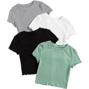 imageMakeMeChic Womens 4 Pack Short Sleeve Lettuce Trim Ribbed Knit Tees Crop TopsMulticolor