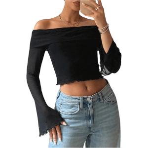 imageMakeMeChic Womens Cheetah Print Top Off The Shoulder Bell Sleeve Tops Mesh Lettuce Trim Y2K Cropped Tee ShirtBlack