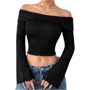 imageMakeMeChic Womens Cheetah Print Top Off The Shoulder Bell Sleeve Tops Mesh Lettuce Trim Y2K Cropped Tee ShirtBlack B