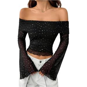 imageMakeMeChic Womens Cheetah Print Top Off The Shoulder Bell Sleeve Tops Mesh Lettuce Trim Y2K Cropped Tee ShirtBlack C