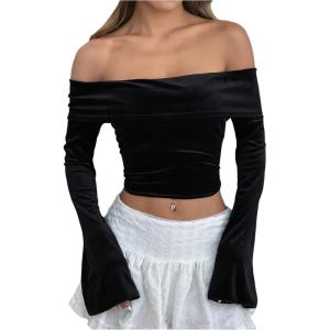 imageMakeMeChic Womens Cheetah Print Top Off The Shoulder Bell Sleeve Tops Mesh Lettuce Trim Y2K Cropped Tee ShirtBlack D
