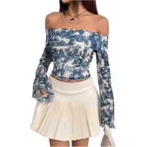 imageMakeMeChic Womens Cheetah Print Top Off The Shoulder Bell Sleeve Tops Mesh Lettuce Trim Y2K Cropped Tee ShirtBlue