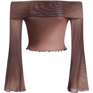 imageMakeMeChic Womens Cheetah Print Top Off The Shoulder Bell Sleeve Tops Mesh Lettuce Trim Y2K Cropped Tee ShirtBrown