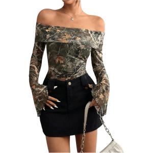 imageMakeMeChic Womens Cheetah Print Top Off The Shoulder Bell Sleeve Tops Mesh Lettuce Trim Y2K Cropped Tee ShirtCoffee Brown
