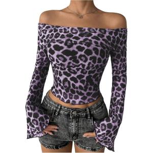 imageMakeMeChic Womens Cheetah Print Top Off The Shoulder Bell Sleeve Tops Mesh Lettuce Trim Y2K Cropped Tee ShirtDusty Purple