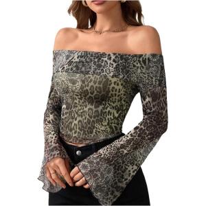 imageMakeMeChic Womens Cheetah Print Top Off The Shoulder Bell Sleeve Tops Mesh Lettuce Trim Y2K Cropped Tee ShirtGreen B