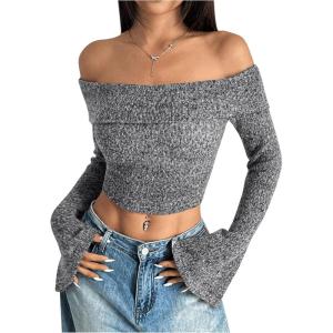 imageMakeMeChic Womens Cheetah Print Top Off The Shoulder Bell Sleeve Tops Mesh Lettuce Trim Y2K Cropped Tee ShirtGrey B