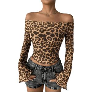 imageMakeMeChic Womens Cheetah Print Top Off The Shoulder Bell Sleeve Tops Mesh Lettuce Trim Y2K Cropped Tee ShirtKhaki