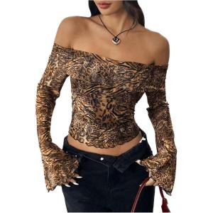 imageMakeMeChic Womens Cheetah Print Top Off The Shoulder Bell Sleeve Tops Mesh Lettuce Trim Y2K Cropped Tee ShirtMulticolor B