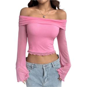 imageMakeMeChic Womens Cheetah Print Top Off The Shoulder Bell Sleeve Tops Mesh Lettuce Trim Y2K Cropped Tee ShirtPink