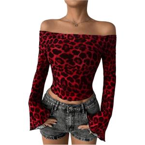 imageMakeMeChic Womens Cheetah Print Top Off The Shoulder Bell Sleeve Tops Mesh Lettuce Trim Y2K Cropped Tee ShirtRed