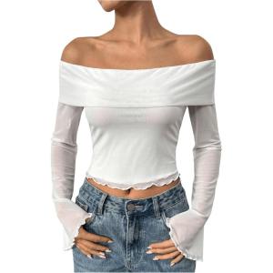 imageMakeMeChic Womens Cheetah Print Top Off The Shoulder Bell Sleeve Tops Mesh Lettuce Trim Y2K Cropped Tee ShirtWhite