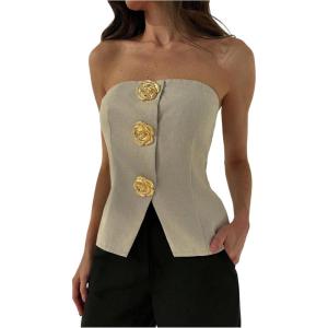 imageMakeMeChic Womens Metallic 3D Flower Strapless Tube Top Sleeveless Split Bandeau TopsApricot