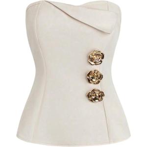 imageMakeMeChic Womens Metallic 3D Flower Strapless Tube Top Sleeveless Split Bandeau TopsApricot B