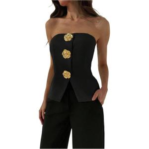 imageMakeMeChic Womens Metallic 3D Flower Strapless Tube Top Sleeveless Split Bandeau TopsBlack