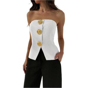 imageMakeMeChic Womens Metallic 3D Flower Strapless Tube Top Sleeveless Split Bandeau TopsWhite