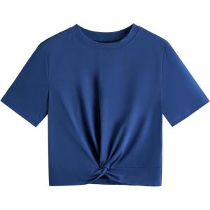 imageMakeMeChic Womens Summer Crop Top Solid Short Sleeve Twist Front Tee TShirtBlue B