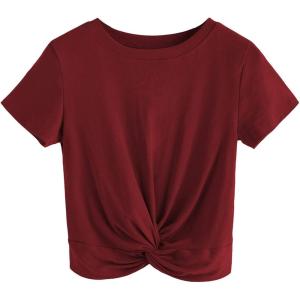 imageMakeMeChic Womens Summer Crop Top Solid Short Sleeve Twist Front Tee TShirtBurgundy