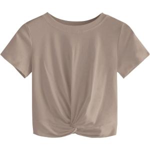 imageMakeMeChic Womens Summer Crop Top Solid Short Sleeve Twist Front Tee TShirtCamel