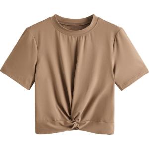 imageMakeMeChic Womens Summer Crop Top Solid Short Sleeve Twist Front Tee TShirtCamel Brown