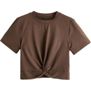 imageMakeMeChic Womens Summer Crop Top Solid Short Sleeve Twist Front Tee TShirtCoffee Brown