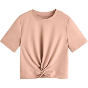 imageMakeMeChic Womens Summer Crop Top Solid Short Sleeve Twist Front Tee TShirtDusty Pink