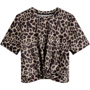 imageMakeMeChic Womens Summer Crop Top Solid Short Sleeve Twist Front Tee TShirtLeopard