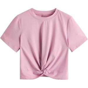 imageMakeMeChic Womens Summer Crop Top Solid Short Sleeve Twist Front Tee TShirtPink B