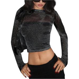 imageMakeMeChic Womens Y2K Crop Tops Metallic Boat Neck Mesh Long Sleeve Tops Club Tee ShirtsBlack