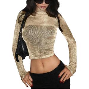 imageMakeMeChic Womens Y2K Crop Tops Metallic Boat Neck Mesh Long Sleeve Tops Club Tee ShirtsGold