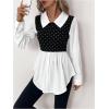 imageMakeMeChic Womens Color Block Rib Knitted Collar Long Sleeve 2 in 1 Shirt Blouse Peplum TopsBlack Dots